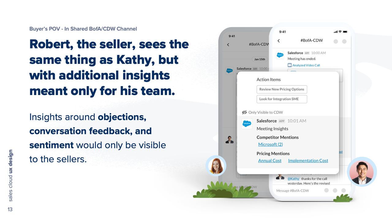 The same channel from the seller&rsquo;s side, carrying an extra block of meeting insights (competitor mentions and pricing mentions) visible only to the selling team.